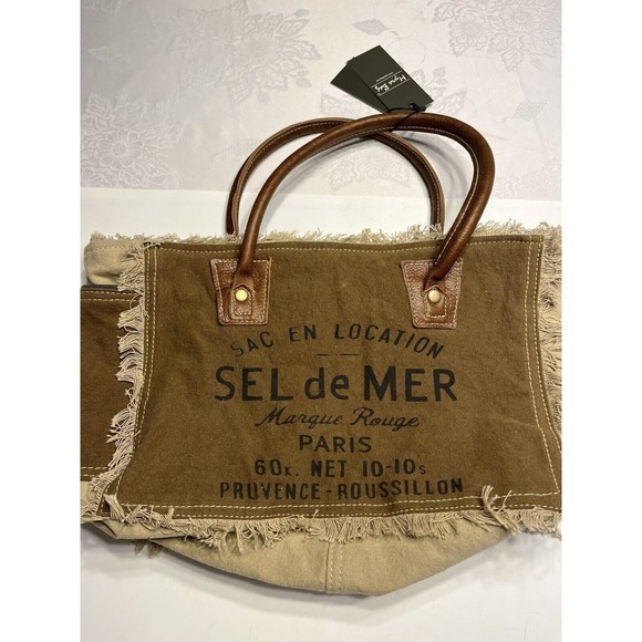 NWT Myra Bags Upcycled Canvas Handbag Sel De Mer Beige Fringe Tote Leather - Picture 3 of 16